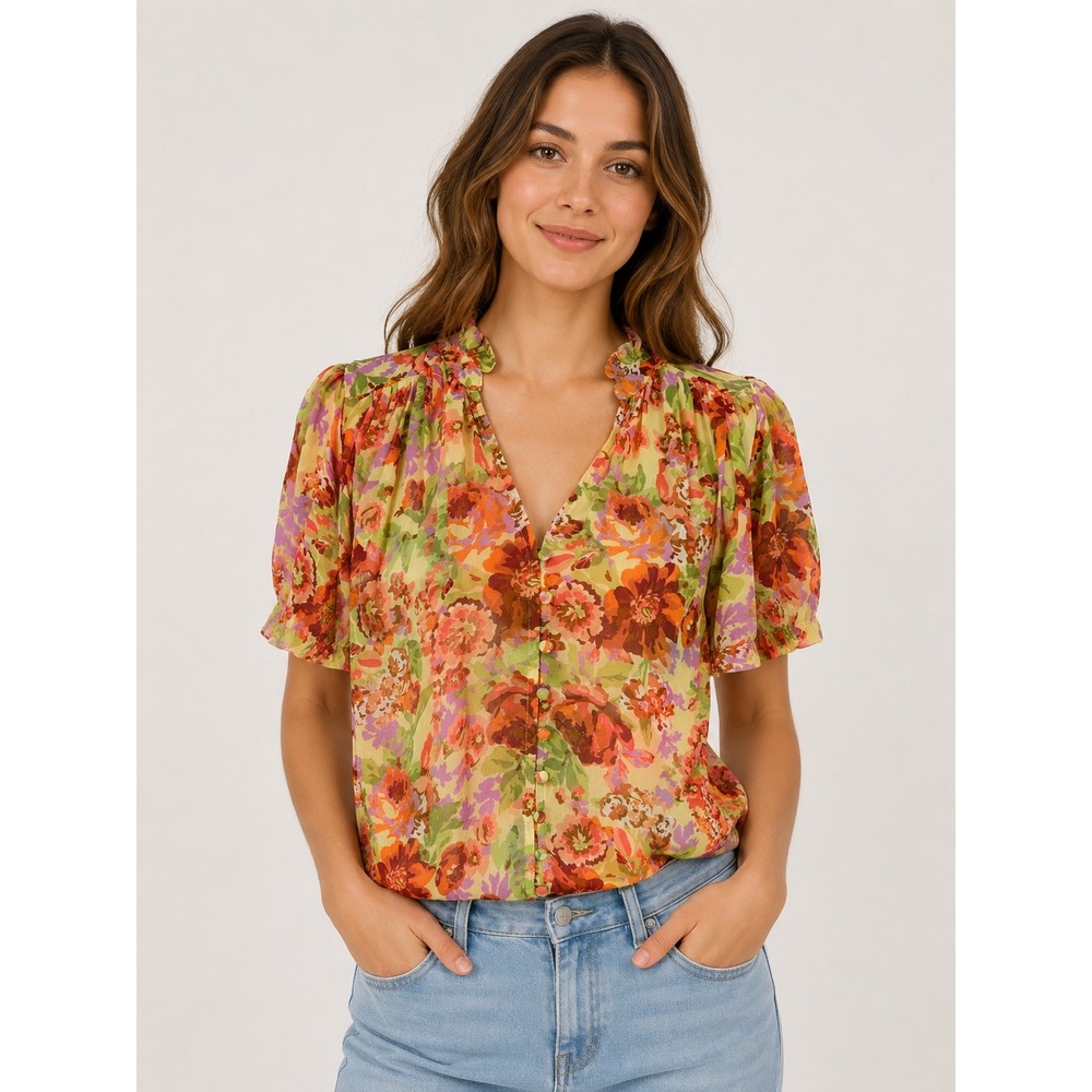 Anthropologie Floral Blouse Womens XS Multicolor Boho Ruffle V-Neck Top